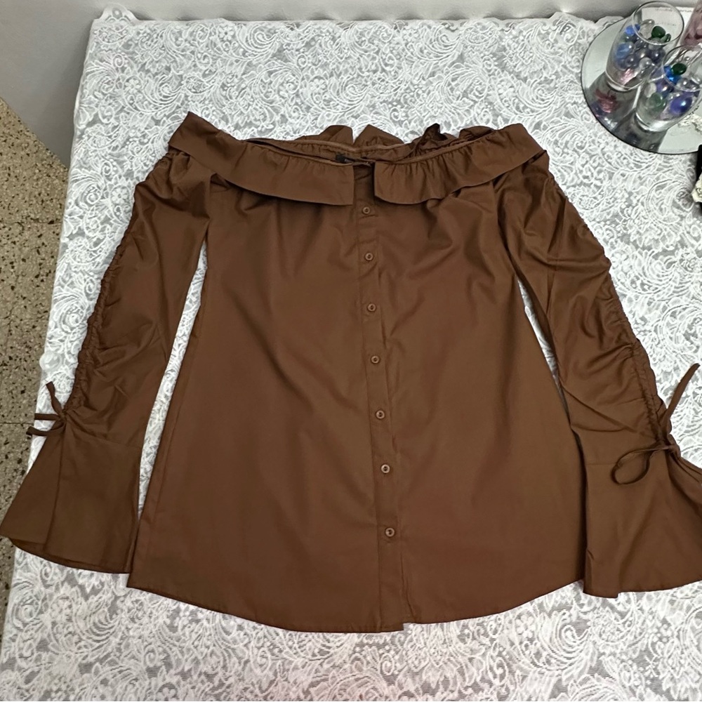 Forever 21 XL Brown Off Shoulder Mini Dress Ruffle Long Sleeve NWT